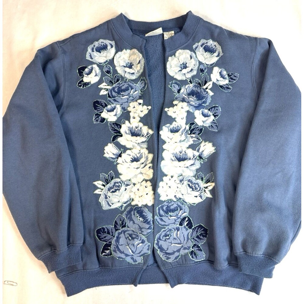 Vtg 90s Floral Applique puff paint Sweatshirt Cardigan Wms M Blue Grandma Core